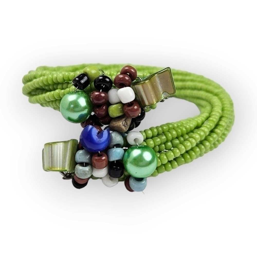 Green Memory Wire Bracelet Beaded Colorful Twist Abalone Bead Cluster ~6.25"